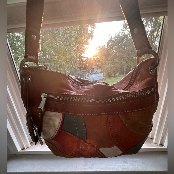 FOSSIL Leather Patchwork Shoulder Bag Crossbody Hobo Handbag Purse VINTAGE - Picture 3 of 15